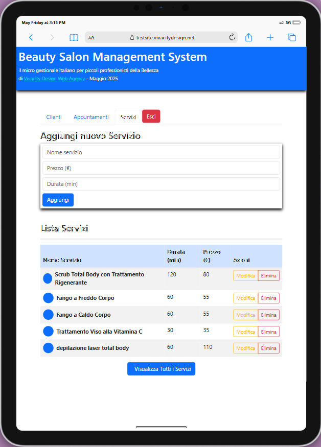 Dashboard gestione Servizi